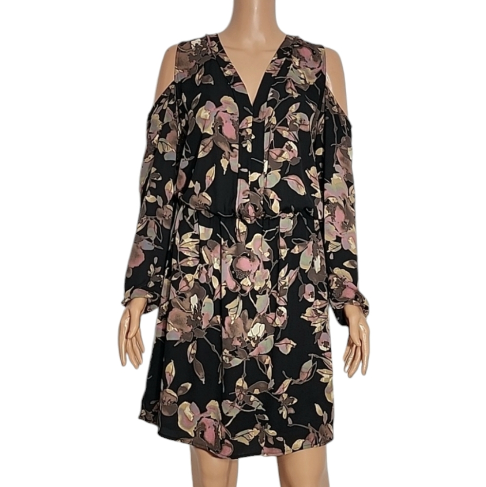 Veronica M Stretch Waist Cold Shoulder V Neck Floral Dress Black/Pink Size M
